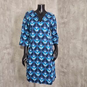 Lesley Evers Ellie Geo Tulips Blue Cotton Shift Tunic Dress Women's Medium